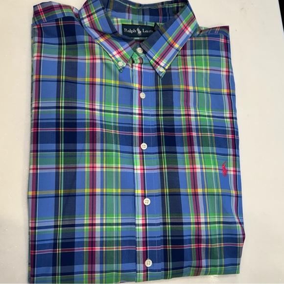 Ralph Lauren Plaid Button Down Shirt Mens XLT Blue Classic-Fit Short Sleeve - Picture 9 of 11